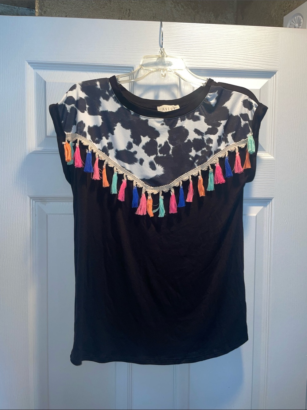 Avery Black Cow-Print Yoke Top with Multicolor Tassels